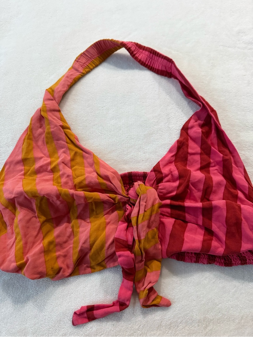 Farm Rio Mixed-Stripe Halter Top V Neck Tie Front Crop Anthropologie Size L E01